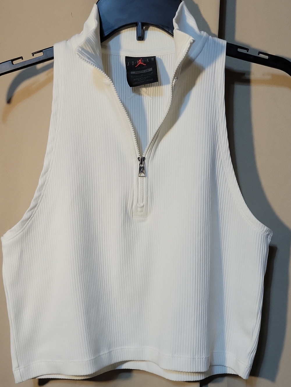 Jordan White Ribbed Sleeveless Zip Mock Neck Tank
